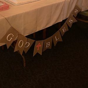 Burlap “God Bless” banner.